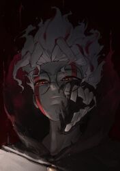  1boy absurdres alternate_form buttons closed_mouth colored_skin commentary_request dandadan edwin62293123 facial_mark glasses grey_skin high_collar highres male_focus mask mouth_mask multicolored_hair orange_eyes portrait red_aura red_streaks round_eyewear short_hair solo streaked_hair takakura_ken_(dandadan) takakura_ken_(transformed)_(dandadan) tall_hair transformation white_hair 