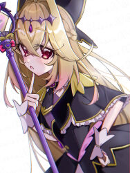  1girl antenna_hair black_bow black_bowtie black_capelet black_dress blonde_hair bow bowtie braid brooch capelet commentary crown_braid cure_arcana_shadow diamond_hairband dress frilled_capelet frilled_cuffs frills fwaria gradient_hair hair_bow hair_intakes hand_on_own_hip heart heart_brooch highres holding holding_staff index_finger_raised jewelry leaning_forward long_hair looking_at_viewer magical_girl meitantei_precure! moria_luluka multicolored_hair open_mouth pink_eyes precure simple_background solo staff tear_arcana_rod upper_body very_long_hair white_background 