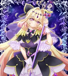  1girl absurdres antenna_hair black_bow black_bowtie black_capelet blonde_hair bow bowtie braid brooch capelet closed_mouth commentary cowboy_shot crown_braid cure_arcana_shadow diamond_hairband dress frilled_capelet frilled_cuffs frilled_dress frills gradient_hair hair_bow hair_intakes heart heart_brooch highres holding holding_staff jewelry layered_dress long_hair looking_at_viewer magical_girl medium_dress meitantei_precure! moria_luluka multicolored_hair precure purple_veil sauna_detective smile solo staff standing tear_arcana_rod veil very_long_hair violet_eyes 