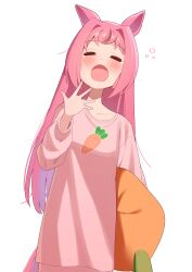  1girl =_= absurdres animal_ears bow carrot_print commentary_request cowboy_shot facing_viewer food_print freely2327 hair_bow haru_urara_(umamusume) highres holding holding_pillow horse_ears horse_girl horse_tail long_hair long_sleeves open_mouth pajamas pillow pink_pajamas pink_shirt shirt simple_background solo squeans tail tearing_up umamusume white_background yawning 