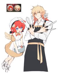  1boy 1girl apron between_fingers black_apron blonde_hair blue_eyes bowl brown_dress closed_mouth collared_shirt commentary_request cross-shaped_pupils crossed_arms dress flower gradient_hair hair_flower hair_ornament hat highres holding holding_bowl holding_knife holding_spatula holding_spoon holding_whisk honkai:_star_rail honkai_(series) knife knives_between_fingers long_hair long_sleeves looking_at_viewer mechanical_wings multicolored_hair mydei_(delicacies)_(honkai:_star_rail) mydei_(honkai:_star_rail) official_alternate_costume official_art_inset open_mouth orange_hair parange022_str pointy_ears red_hair reference_inset shirt short_hair short_sleeves simple_background spatula spoon symbol-shaped_pupils tribbie_(delicacies)_(honkai:_star_rail) tribbie_(honkai:_star_rail) whisk white_apron white_background white_hat white_shirt wings yellow_eyes 