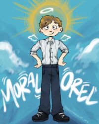 1boy artist_name black_shoes blue_pants blue_shirt blue_sky brown_hair child clouds copyright_name dress_shirt english_text facing_viewer full_body halo hands_on_own_hips highres looking_at_viewer male_focus moral_orel open_hands orel_puppington painterly pants shirt shoes short_hair short_sleeves sky smile standing striped_clothes sunburst sunburst_background vertical-striped_clothes web_address weltmeister_art white_halo white_shirt 