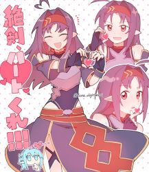  2girls :d ahoge aqua_eyes aqua_hair armor asuna_(sao) asuna_(sao-alo) bare_shoulders blush breastplate closed_eyes commentary detached_ahoge dotted_background finger_heart fingerless_gloves gloves hairband half-heart_hands heart heart_ahoge heart_hands highres leotard long_hair multiple_girls multiple_views open_mouth pointy_ears purple_gloves purple_hair purple_leotard purple_skirt red_eyes red_hairband skirt smile sword_art_online translation_request tuna_nigirimesi twitter_username untranslatable_commentary yuuki_(sao) 