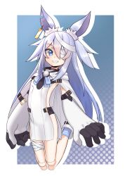  1girl animal_ears bandage_over_one_eye bandaged_head bandaged_leg bandages blue_eyes boots commentary_request doll_joints ear_tag flat_chest full_body gloggy gloves grey_hair highres joints little_witch_nobeta long_hair looking_at_viewer monica_(little_witch_nobeta) rabbit_ears sharp_teeth smile solo tabard teeth white_tabard 