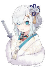  1girl ars_almal blue_eyes blush closed_mouth cropped_torso flower fur-trimmed_kimono fur_trim furisode hair_between_eyes hair_flower hair_ornament hair_over_one_eye highres japanese_clothes katana kimono layered_kimono nijisanji print_kimono signature simple_background smile solo sword tatami_kami twitter_username upper_body virtual_youtuber weapon white_background white_hair white_kimono x_hair_ornament 