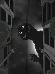  black_sky city from_below g_u0401earth godzilla godzilla_(1954_movie) godzilla_(series) highres horror_(theme) kaiju looking_at_viewer monster no_humans sharp_teeth sky teeth very_big_eyes worm's_eye_view 