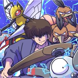  1boy beedrill blue_background closed_mouth commentary_request crossover dodrio holding holding_sword holding_weapon japanese_clothes kunou_tatewaki magnemite pokemon pokemon_(creature) ranma_1/2 short_hair smile sword wanta_(futoshi) weapon 