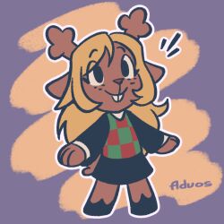  1girl advos animal_ears antlers artist_name black_eyes black_shirt black_skirt blonde_hair buck_teeth checkered_sweater_vest chibi chibi_only closed_mouth collared_shirt commentary deer_antlers deer_ears deer_girl deer_tail deltarune english_commentary freckles full_body furry furry_female horns long_hair long_sleeves noelle_holiday outline shirt skirt smile solo tail teeth utdr_(toby_fox) white_outline 