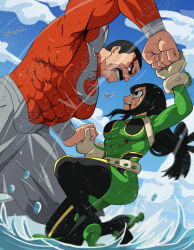  1boy 1girl absurdres asui_tsuyu battle black_hair blood blood_on_clothes blood_on_face bodysuit boku_no_hero_academia breasts clouds crossover danielfs day facial_hair gloves green_bodysuit green_hair highres invincible_(series) long_hair medium_breasts muscular muscular_male mustache outdoors red_bodysuit short_hair thragg_(invincible) very_short_hair water white_gloves 