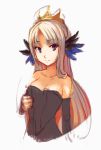 1girl bare_shoulders breasts cleavage collarbone crown detached_sleeves doomfest dress feathers gwendolyn hair_feathers long_hair odin_sphere rough silver_hair smile solo strapless_dress very_long_hair violet_eyes 