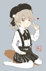  1girl absurdres beret black_hat black_ribbon black_skirt brown_eyes brown_hair closed_mouth collared_shirt full_body grey_background hair_rings hariyama_sugiru hat hatoba_tsugu highres long_sleeves looking_at_viewer mole mole_under_eye pantyhose pleated_skirt ribbon shirt shirt_tucked_in short_hair signature single_hair_ring sitting skirt smile solo suspender_skirt suspenders tsugu_(vtuber) virtual_youtuber white_pantyhose white_shirt 