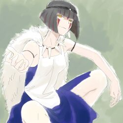  1girl arm_on_knee armband bare_shoulders beckoning black_hair blunt_bangs blunt_ends bob_cut breasts cape circlet commentary cosplay dress facepaint facial_mark feet_out_of_frame from_side fur_cape inverted_bob jewelry kagenui_yozuru looking_at_viewer looking_to_the_side monogatari_(series) mononoke_hime multicolored_hair narrowed_eyes necklace parted_lips pendant_earrings purple_dress reaching reaching_towards_viewer red_streaks ringed_eyes sabonasu san_(mononoke_hime) san_(mononoke_hime)_(cosplay) short_hair sketch sleeveless sleeveless_dress small_breasts solo spread_legs squatting streaked_hair tooth_necklace two-tone_dress white_cape white_dress wide_spread_legs yellow_eyes 