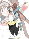  1girl blue_eyes brown_hair double_bun female_protagonist_(pokemon_bw2) hat jumping long_hair mei_(pokemon) pokemon pokemon_(game) pokemon_bw pokemon_bw2 skirt smile solo twintails 
