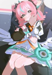 1boy 1girl aria_(zenless_zone_zero) head_out_of_frame medium_hair sitting_on_lap sitting_on_person wise_(zenless_zone_zero) zenless_zone_zero