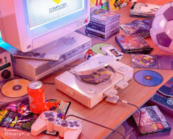  absurdres artist_logo artist_name ball batman_(series) cd cd_case coca-cola commentary controller crash_bandicoot_(series) crash_bash crash_team_racing dc_comics desk english_commentary game_console game_controller gotham_city_racer highres logo metal_gear_(series) metal_gear_solid mickey's_wild_adventure micro_stereo monitor no_humans omorphia playstation_1 playstation_controller playstation_logo playstation_symbols sharp_corporation skateboard soccer_ball sony spyro_(series) tenchuu tomb_raider 