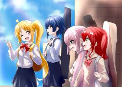  4girls :d ;d absurdres ahoge backpack bag black_skirt blonde_hair blue_eyes blue_hair blue_sky blunt_ends bocchi_the_rock! bow bowtie collared_shirt commentary cowboy_shot day dress_shirt earrings from_side gotoh_hitori guitar_case hair_ornament hairclip hand_up happy highres hikkub ijichi_nijika index_finger_raised instrument_case jacket jewelry kita_ikuyo long_hair long_sleeves looking_ahead looking_at_another looking_down miniskirt mole mole_under_eye multiple_girls one_eye_closed one_side_up open_mouth outdoors parallel_hairclips pink_hair pink_jacket pleated_skirt polka_dot polka_dot_bow polka_dot_bowtie profile red_bow red_bowtie red_hair sailor_collar school_uniform serafuku shaded_face shirt short_hair side_ponytail sidelocks skirt sky smile stud_earrings sunlight track_jacket upper_body very_long_hair white_sailor_collar white_shirt yamada_ryo yellow_eyes 