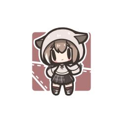 1girl black_skirt blush_stickers border brown_background brown_hair chibi chibi_only closed_mouth commentary decrilus double-parted_bangs english_commentary full_body hair_between_eyes hand_up highres hololive hololive_english hood hood_up hoodie long_sleeves looking_at_viewer nanashi_mumei outline outside_border plaid_clothes plaid_skirt pleated_skirt short_hair skirt smile solo standing virtual_youtuber white_border white_hoodie white_outline 
