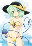  arms_behind_back bandeau bare_shoulders bikini blush eyeball front-tie_top green_eyes green_hair hat komeiji_koishi lowleg lowleg_bikini monopollyan navel shiny shiny_skin short_hair side-tie_bikini smile solo swimsuit third_eye touhou yellow_bikini 