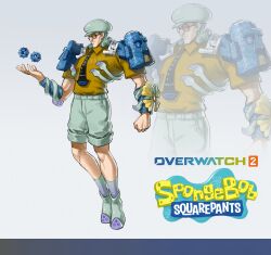  1boy absurdres artist_name bespectacled black-framed_eyewear black_necktie brown_shirt chinese_commentary commentary_request cosplay dong_ci_da_ci_da_da_da glasses green_shorts green_socks highres looking_at_viewer male_focus necktie overwatch round_eyewear seashell sheet_music shell shirt short_sleeves shorts sigma_(overwatch) socks solo spongebob_squarepants_(series) squidward_tentacles squidward_tentacles_(cosplay) tentacles watermark zoom_layer 