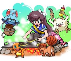  1girl :d ^_^ bag blue_eyes bow brown_hair charmander closed_eyes commentary_request crossover fangs food fox grill hair_bow holding holding_paintbrush holding_spatula kuonji_ukyou long_hair mankey okonomiyaki open_mouth paintbrush pink_bag poke_ball pokemon pokemon_(creature) ranma_1/2 red_eyes rock smile spatula squatting tentacool vulpix wanta_(futoshi) white_bow 