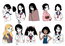  6+girls absurdres arm_sling black_eyes black_hair blanket blonde_hair blue_eyes blue_sailor_collar book brown_eyes checkered_clothes checkered_kimono fujiyoshi_harumi fujoshi fuura_kafuka gosari_draw highres hitou_nami holding holding_book holding_shovel index_finger_raised japanese_clothes kimono kimura_kaere kitsu_chiri kobushi_abiru komori_kiri multiple_girls necktie otonashi_meru pink_eyes red_necktie sailor_collar sayonara_zetsubou_sensei school_swimsuit school_uniform sekiutsu_maria_tarou serafuku shirt short_sleeves shovel simple_background swimsuit tsunetsuki_matoi upper_body white_background white_shirt yaoi_(object) 