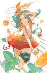  1girl absurdres aqua_hair aqua_thighhighs arm_up boots center_frills commentary curtained_hair double_v dress expressionless floating_hair food frills fruit full_body glasses googly_eyes green_eyes hat headphones high_collar highres layered_dress leaf long_hair looking_at_viewer mandarin_orange midair monogatari_(series) nekachew ononoki_yotsugi orange_(fruit) orange_dress orange_hat orange_slice petticoat puffy_short_sleeves puffy_sleeves rubber_boots short_eyebrows short_sleeves solo stairs star_(symbol) striped_clothes striped_thighhighs thick_eyebrows thigh-highs turtleneck turtleneck_dress twintails unworn_eyewear unworn_headwear v watermark weibo_watermark white_background yellow_boots 
