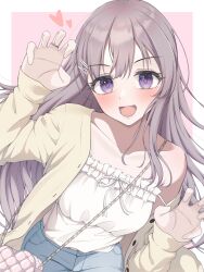  1girl :d absurdres alternate_costume bag blush border cardigan casual claw_pose collarbone commentary_request denim grey_hair heart highres idolmaster idolmaster_shiny_colors isojin283 jewelry long_hair looking_at_viewer outside_border pink_background ring shirt shoulder_bag simple_background single_bare_shoulder smile solo straight_hair strapless strapless_shirt very_long_hair violet_eyes white_border white_shirt yellow_cardigan yukoku_kiriko 