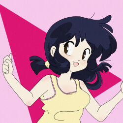  1girl :d black_hair brown_eyes butterrrmoth commentary derivative_work english_commentary faux_retro_artstyle film_grain hands_up highres long_hair making-of_available open_mouth pink_background ranma_1/2 smile solo tank_top tendou_akane yellow_tank_top 