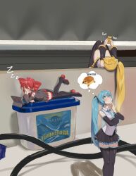  3girls ahoge akita_neru aqua_eyes aqua_hair aqua_necktie aqua_trim black_shirt black_sleeves blonde_hair blush boots cable cheemsburger_(doge) commentary detached_sleeves drill_hair english_commentary english_text hair_between_eyes hair_ornament happy hatsune_miku head_on_hand highres holding holding_phone indoors kasane_teto loading_icon long_hair looking_up lying mini_person minigirl multiple_girls necktie number_tattoo on_back phone photo-referenced pleated_skirt red_hair red_trim shirt shoulder_tattoo side_ponytail skirt sleeveless sleeveless_shirt smile speech_bubble standing tablet_pc tablet_stand tattoo thigh-highs thigh_boots thighs thinking thought_bubble translation_request triple_baka_(group) twin_drills twintails utau very_long_hair vocaloid white_shirt wide_sleeves wing_collar yaki_iskute yellow_trim zettai_ryouiki zzz 