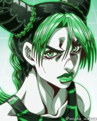  1girl araki_hirohiko_(style) asymmetrical_bangs braid bun_with_braided_base double_bun english_commentary green_theme hair_bun hatching_(texture) highres jojo_no_kimyou_na_bouken kujo_jolyne lips micho_azteca monochrome multicolored_hair official_style parted_bangs serious single_braid solo stone_ocean tank_top twitter_username two-tone_hair 