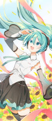  1girl agonasubi aqua_eyes aqua_hair aqua_nails aqua_necktie aqua_trim arm_tattoo black_skirt black_thighhighs blush breasts closed_mouth collared_shirt commentary_request detached_sleeves feet_out_of_frame fingernails flower hair_between_eyes hair_ornament hatsune_miku hatsune_miku_(nt) highres layered_sleeves long_hair long_sleeves looking_up miku_day nail_polish necktie number_tattoo official_alternate_costume piapro_studio pleated_skirt ribbon see-through_clothes see-through_sleeves shirt skirt sleeveless sleeveless_shirt small_breasts smile solo sunflower tattoo thigh-highs twintails very_long_hair vocaloid white_shirt zettai_ryouiki 
