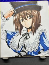  1girl adjusting_clothes adjusting_headwear black_hat blue_dress brown_eyes brown_hair commentary_request cosplay dress frills girls_und_panzer hair_between_eyes hat highres kamishima_kanon layered_sleeves lolita_fashion long_sleeves looking_at_viewer marker_(medium) neck_ribbon nishizumi_maho ouji_fashion ribbon rozen_maiden short_hair simple_background solo souseiseki souseiseki_(cosplay) traditional_media upper_body white_background 