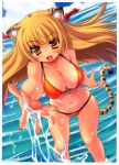  :d absurdres animal_ears bare_shoulders bikini blush breasts brown_eyes brown_hair collarbone cross earrings fingernails foreshortening halterneck highres jewelry large_breasts leaning_forward long_hair navel open_mouth orange_bikini original smile solo sorimura_youji sparkle splash splashing swimsuit tail tiger_ears tiger_tail wading water 