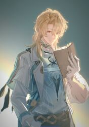  1boy absurdres aqua_background aqua_shirt blonde_hair book chinese_commentary closed_mouth coat colored_tips commentary_request gloves hair_between_eyes highres holding holding_book jourming long_hair looking_at_viewer luuk_herssen_(wuthering_waves) male_focus multicolored_hair red_eyes shirt smile solo upper_body white_coat white_gloves wuthering_waves 