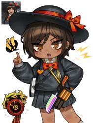  ! 1girl 1mingk 1other absurdres aged_down black_hat black_skirt bow brown_eyes brown_hair brown_pupils child commentary dante_(limbus_company) dark-skinned_female dark_skin flying_sweatdrops game_screenshot_inset hat hat_bow highres index_finger_raised limbus_company limbus_kindergarten_uniform medium_hair multiple_views open_mouth outis_(project_moon) pleated_skirt project_moon red_bow screenshot_inset skirt spoken_exclamation_mark white_background 