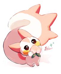  alternate_color animal_focus banchiku berry_(pokemon) brown_eyes commentary_request food full_body highres holding holding_food looking_at_viewer no_humans pachirisu pecha_berry pink_fur pokemon pokemon_(creature) pokemon_focus shiny_pokemon simple_background solo squirrel standing white_background white_fur 