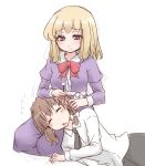  blonde_hair bow brown_hair cleaning_ears closed_eyes dress dress_shirt eyes_closed hair_ribbon kanaria_(artist) lap_pillow maribel_hearn mimikaki multiple_girls necktie no_hat no_headwear purple_dress purple_eyes ribbon shirt short_hair smile tori_(minamopa) touhou usami_renko violet_eyes yuri 