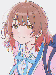  1girl ahoge backpack bag blue_bag blue_ribbon brown_hair cardigan closed_mouth collared_shirt gakuen_idolmaster gradient_hair hair_bun half_updo hanami_ume hatsuboshi_gakuen_school_uniform highres idolmaster leaning_forward looking_at_viewer mikazuchi_zeus multicolored_hair neck_ribbon pink_cardigan ribbon school_uniform shirt short_hair simple_background single_side_bun smile solo upper_body white_background white_shirt yellow_eyes 