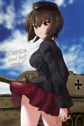  1girl balkenkreuz black_hat black_jacket blue_sky breasts brown_eyes brown_hair cherre(gup) closed_mouth commentary_request commission cross dress_shirt eyes_visible_through_hair garrison_cap girls_und_panzer hair_between_eyes hat highres jacket kuromorimine_military_uniform large_breasts long_sleeves looking_at_viewer looking_back maus_(tank) military military_hat military_uniform military_vehicle miniskirt motor_vehicle nishizumi_maho pleated_skirt red_shirt red_skirt shirt short_hair skirt sky smile solo tank thank_you twitter_username 