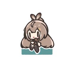  1girl :d black_thighhighs blush_stickers brown_hair chibi chibi_only commentary crossed_bangs decrilus double-parted_bangs english_commentary feather_hair_ornament feathers full_body hair_ornament highres holding hololive hololive_english long_hair nanashi_mumei object_request open_mouth simple_background sitting smile solo thigh-highs virtual_youtuber white_background 