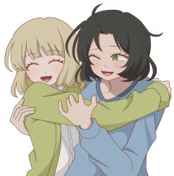  2girls black_hair blonde_hair blue_shirt blush bob_cut breasts closed_eyes commentary gloves green_eyes green_jacket hands_on_another's_arm highres hug hug_from_side jacket kumagai_yuuko looking_at_another medium_breasts multiple_girls nasu_rei open_mouth purple_gloves shirt short_hair simple_background smile upper_body wa_fh0303 white_background white_shirt world_trigger yuri 