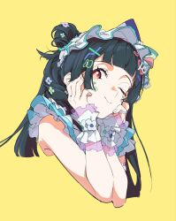  1girl black_hair character_request check_character check_copyright copyright_request eye: flower frilled_hairband frilled_wrist_cuffs frills hair_flower hair_ornament hairband hairclip highres looking_at_viewer love_live! love_live!_sunshine!! one_eye_closed red_eyes simple_background sleeveless solo tsushima_yoshiko upper_body wrist_cuffs yellow_background 