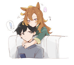  ! ... 1boy 1girl amano_(amano_miko) animal_ears arms_around_neck black_hair blush closed_mouth commentary_request green_shirt grey_eyes grey_shirt hair_between_eyes highres horse_ears horse_girl long_hair long_sleeves orange_hair shirt short_hair spoken_ellipsis spoken_exclamation_mark t.m._opera_o_(umamusume) trainer_(umamusume) umamusume violet_eyes 