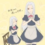  age_difference apron chair crossed_arms fate/zero fate_(series) flat_color illyasviel_von_einzbern irisviel_von_einzbern long_hair maid mmm_(xbit) mother_and_daughter multiple_girls red_eyes translated white_hair wink 