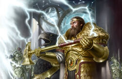  1boy armor army artist_request beard black_feathers blue_eyes braid braided_beard brown_hair cape circlet constellation cowboy_shot cross facial_hair fantasy feathers fur_cape gem ghal_maraz_(war_hammer) gold_armor gold_circlet gold_gauntlets gold_greaves griffin hammer highres holding holding_hammer holding_weapon indoors lightning male_focus missing_headwear muscle_cuirass official_art orange_gem orrery pillar shoulder_armor sigmar_heldenhammer standing stormcast_eternal war_hammer warhammer:_age_of_sigmar warhammer_fantasy weapon yellow_eyes 