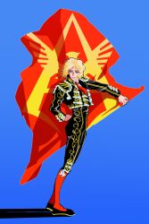  1boy bey0ndt2 blonde_hair blue_background blue_eyes casval_rem_deikun char_aznable commentary english_commentary flag from_side full_body gundam highres holding looking_back matador medium_hair military_rank_insignia military_uniform mobile_suit_gundam muleta necktie ornate_clothes parody red_necktie red_socks redesign socks solo spain standing style_parody zeon 