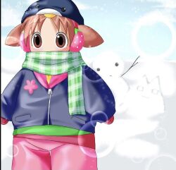  1girl azumanga_daioh blue_coat blue_sky brown_eyes brown_hair canihavepromo cat child coat earmuffs food fruit green_scarf hat lottie_(gravyalloverhim) mihama_chiyo mihama_chiyo's_father mittens outdoors pants penguin_hat pink_pants red_mittens scarf short_twintails sky snow snowman solo strawberry twintails 