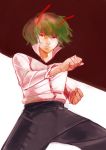 androgynous antennae clenched_hand clenched_hands fighting_stance green_hair pants reverse_trap short_hair solo sugidesukedo touhou wriggle_nightbug 