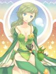  abstract_background adult bad_id blue_eyes breasts cape cleavage collarbone creature crescent_moon earrings final_fantasy final_fantasy_iv green_hair hair_ornament hairclip head_tilt jewelry leotard light_smile long_hair looking_at_viewer moon off_shoulder rydia sash shiranami sitting solo star strap_slip thigh-highs thighhighs whip wristband 