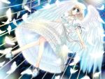  birdcage blue_eyes cage copyright_request dress feathers flying open_mouth ribbon short_hair wings ywaka 